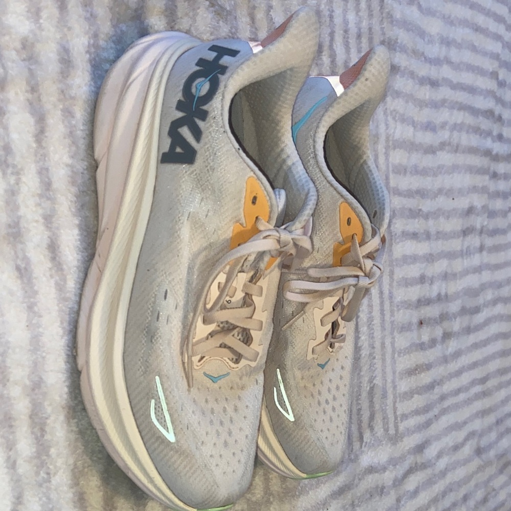 Hoka Women's Light Gray Athletic Shoes with Yellow and Aqua Accents